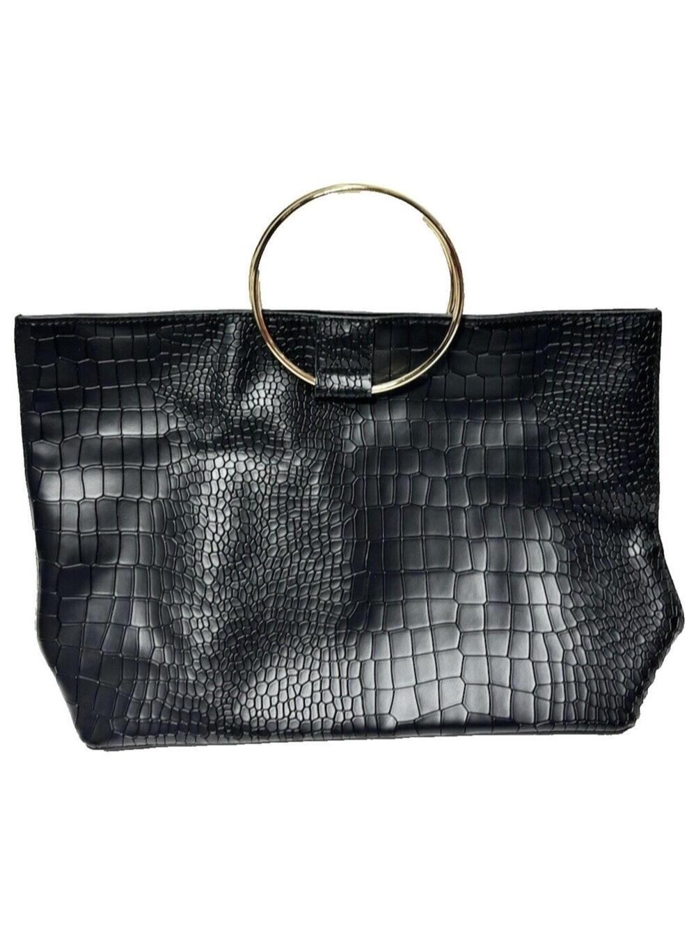 Women's Handbag Purse Tote Black Faux Croc Double Handle Bag New No Tags